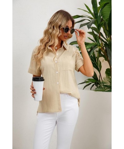 Womens Casual Summer Tops Short Sleeve Shirts V Neck Botton Down Solid Blouses with Pockets Beige $9.66 Blouses