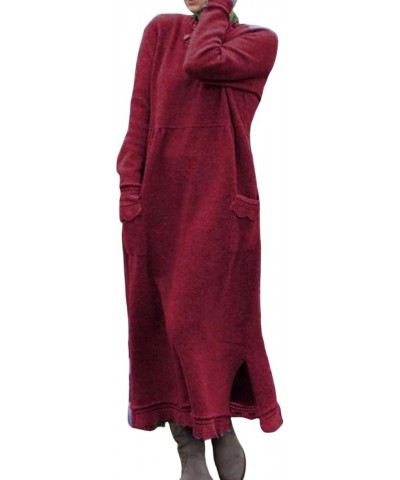 Women Long Sleeve Loose Plain Maxi Dresses Muffler Neck Hood Solid Color Stitching Casual Long Dresses Pockets D-wine Red $7....