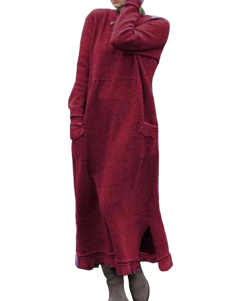 Women Long Sleeve Loose Plain Maxi Dresses Muffler Neck Hood Solid Color Stitching Casual Long Dresses Pockets D-wine Red $7....