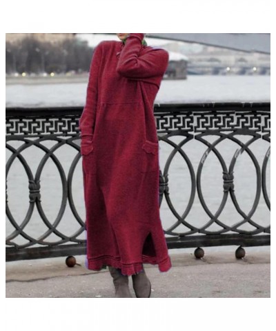 Women Long Sleeve Loose Plain Maxi Dresses Muffler Neck Hood Solid Color Stitching Casual Long Dresses Pockets D-wine Red $7....