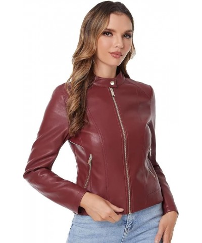 Faux Leather Jacket For Women, Zip Up Moto Biker Coat, Short PU Motorcycle Outwear Wine Red 006 $25.97 Coats