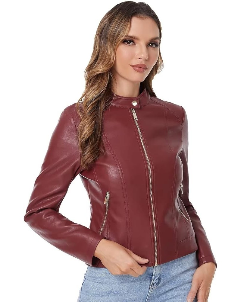 Faux Leather Jacket For Women, Zip Up Moto Biker Coat, Short PU Motorcycle Outwear Wine Red 006 $25.97 Coats