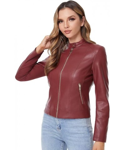 Faux Leather Jacket For Women, Zip Up Moto Biker Coat, Short PU Motorcycle Outwear Wine Red 006 $25.97 Coats