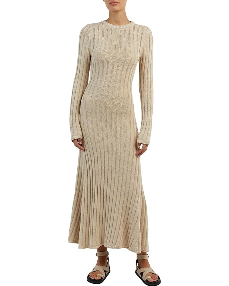 Womens Elegant Knitted Maxi Dress Long Sleeve Ribbed Knit Bodycon Long Dresses Crewneck Sexy Slim Fit Sweater Dress Knit Beig...