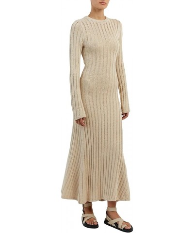 Womens Elegant Knitted Maxi Dress Long Sleeve Ribbed Knit Bodycon Long Dresses Crewneck Sexy Slim Fit Sweater Dress Knit Beig...