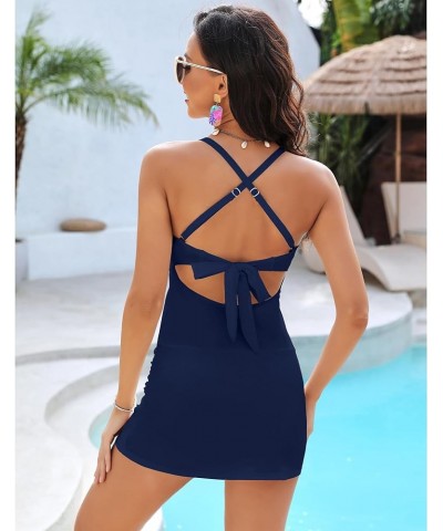 One Piece Bathing Suit for Women with Skirt Cutout Swimsuits Criss Cross Swim Dress Colorblock Tie Back Swimwear Navy Blue $1...