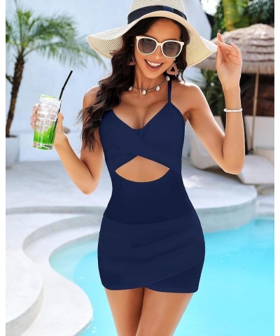 One Piece Bathing Suit for Women with Skirt Cutout Swimsuits Criss Cross Swim Dress Colorblock Tie Back Swimwear Navy Blue $1...