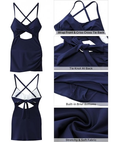 One Piece Bathing Suit for Women with Skirt Cutout Swimsuits Criss Cross Swim Dress Colorblock Tie Back Swimwear Navy Blue $1...