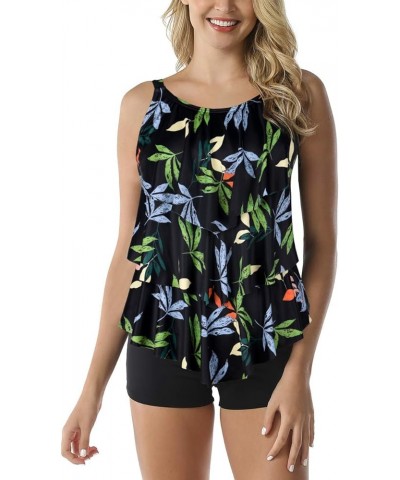 Women's Tankini Swimsuit Two Pieces Set Ruffle Swimwear Bathingsuit with Boyshort Black&leaf $17.99 Swimsuits