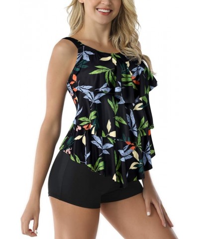 Women's Tankini Swimsuit Two Pieces Set Ruffle Swimwear Bathingsuit with Boyshort Black&leaf $17.99 Swimsuits