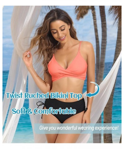 Women's Push Up Sexy V Neck Adjustable Twist Ruced Front Bikini Swimsuit Top Only Orange Pink $15.19 Swimsuits