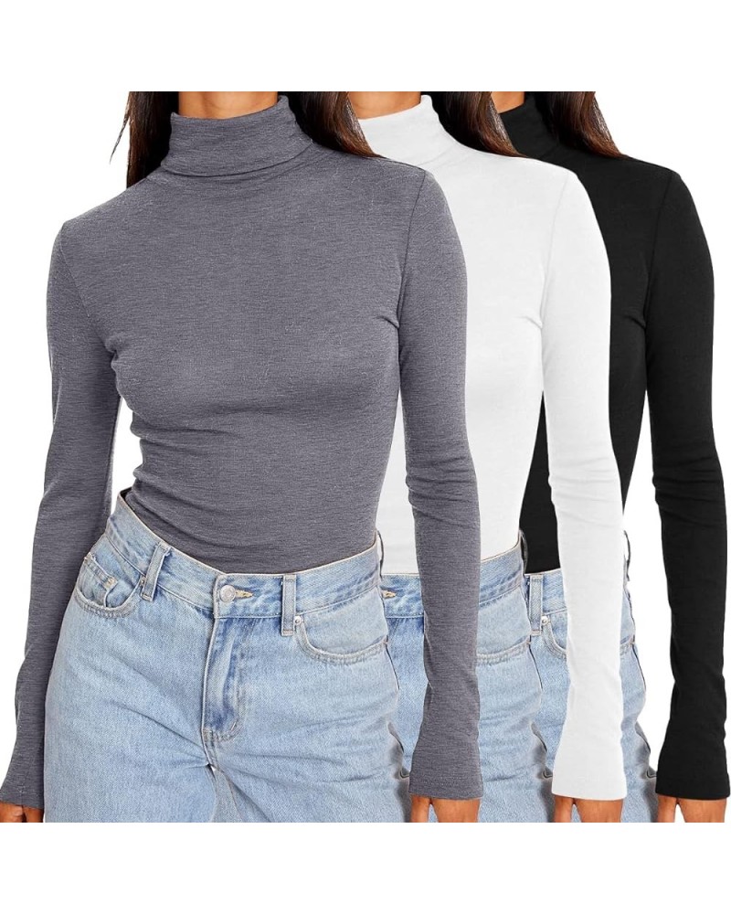 Womens 3 Piece Turtleneck Long Sleeve Shirts Mock Neck Fall Fashion 2023 Slim Fit Winter Thermal Underwear Tops Blackwhitegre...