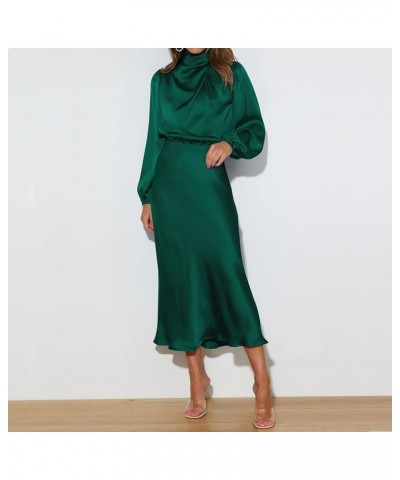 Women's Satin Mock Neck Maxi Dress Sleeveless Elegant Elastic High Waist Formal Wedding Cocktail Prom Party Dresses Dark Gree...