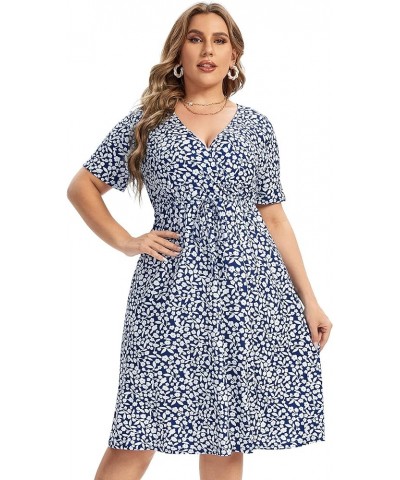 Women's Plus Size Floral V-Neck Dress Knee Length Mini Dresses Small Floral on Blue $14.88 Dresses