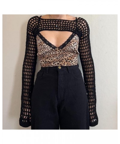 Womens Y2K Knitted Crop Tops Shrugs Patchwork Crochet Hollow Out Long Sleeve Off-Shoulder Loose Shirt Sweater F Black $14.39 ...