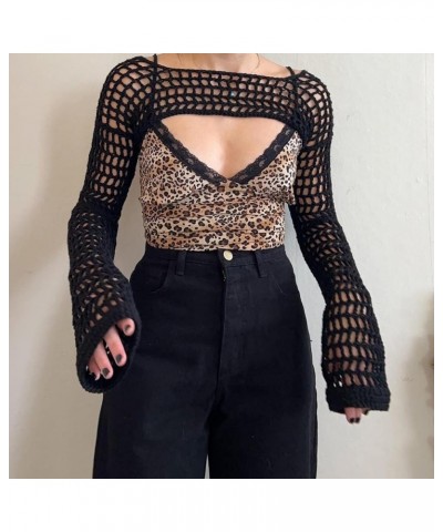 Womens Y2K Knitted Crop Tops Shrugs Patchwork Crochet Hollow Out Long Sleeve Off-Shoulder Loose Shirt Sweater F Black $14.39 ...