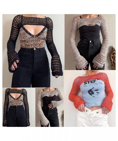 Womens Y2K Knitted Crop Tops Shrugs Patchwork Crochet Hollow Out Long Sleeve Off-Shoulder Loose Shirt Sweater F Black $14.39 ...