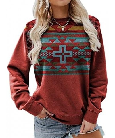 Women's Aztec Pullover Western Ethnic Sweatshirt Casual Crew Neck Oversized Loose Fit Cowgirl Rhombus Print Tops Hoodie Red C...