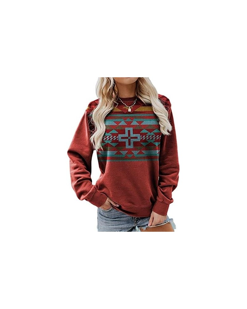 Women's Aztec Pullover Western Ethnic Sweatshirt Casual Crew Neck Oversized Loose Fit Cowgirl Rhombus Print Tops Hoodie Red C...