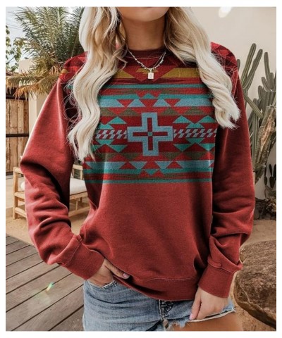 Women's Aztec Pullover Western Ethnic Sweatshirt Casual Crew Neck Oversized Loose Fit Cowgirl Rhombus Print Tops Hoodie Red C...