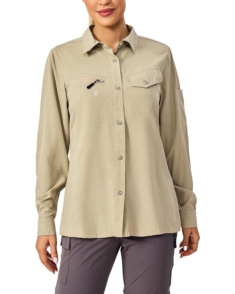 Womens UPF 50+ UV Protection Breathable Long Sleeve Hiking Shirt Fishing Travel Shits Air-Holes Tech Light Khaki $20.24 Others