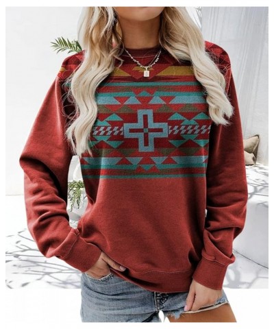 Women's Aztec Pullover Western Ethnic Sweatshirt Casual Crew Neck Oversized Loose Fit Cowgirl Rhombus Print Tops Hoodie Red C...