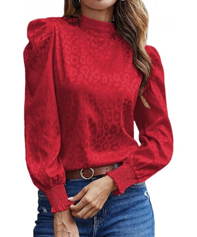 Women's Satin Mock Neck Puff Long Sleeve Keyhole Work Blouse Top Red $16.66 Blouses