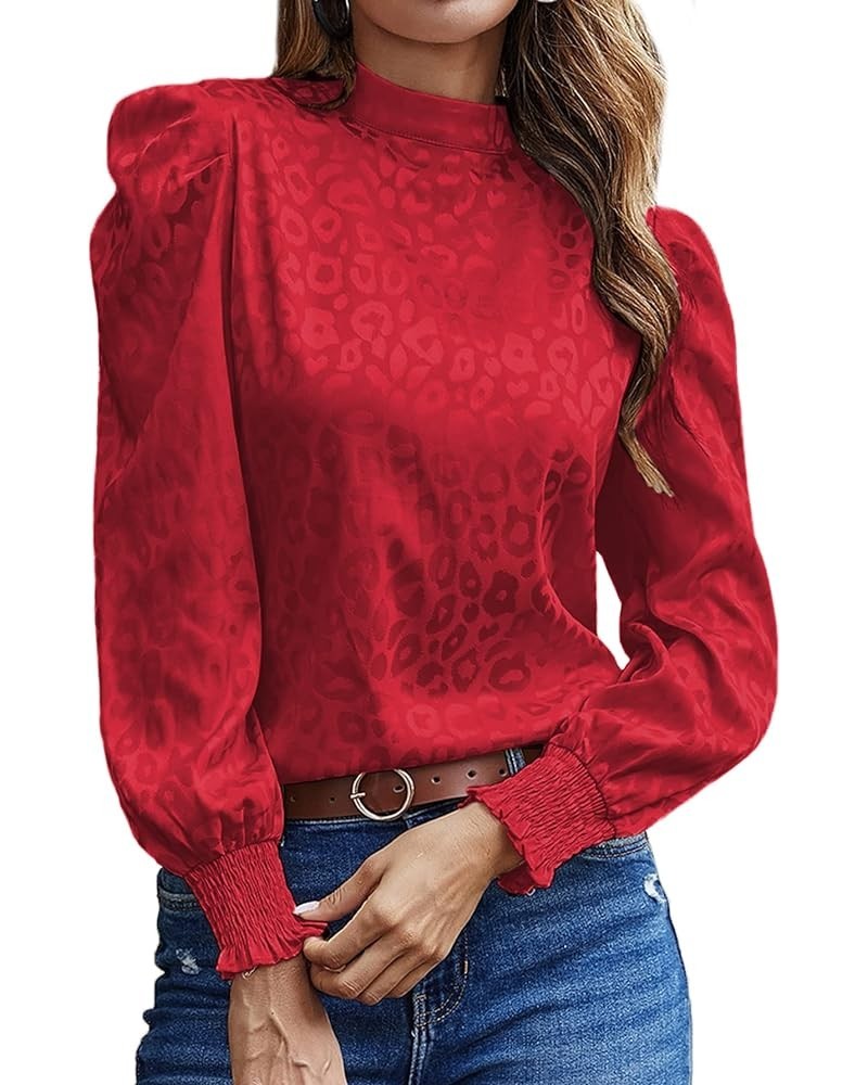 Women's Satin Mock Neck Puff Long Sleeve Keyhole Work Blouse Top Red $16.66 Blouses