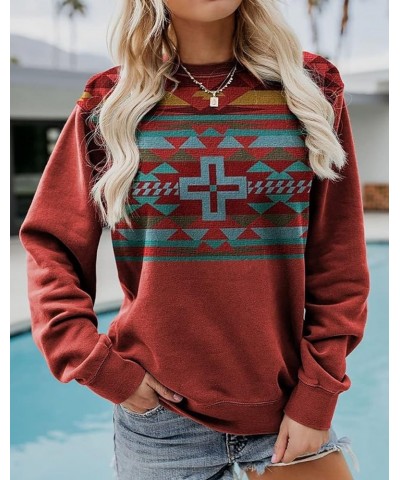 Women's Aztec Pullover Western Ethnic Sweatshirt Casual Crew Neck Oversized Loose Fit Cowgirl Rhombus Print Tops Hoodie Red C...