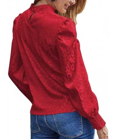 Women's Satin Mock Neck Puff Long Sleeve Keyhole Work Blouse Top Red $16.66 Blouses