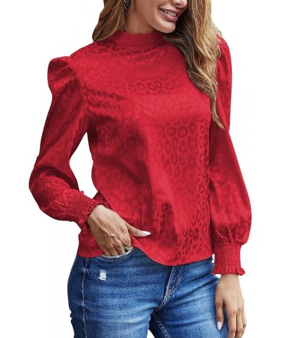 Women's Satin Mock Neck Puff Long Sleeve Keyhole Work Blouse Top Red $16.66 Blouses