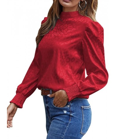 Women's Satin Mock Neck Puff Long Sleeve Keyhole Work Blouse Top Red $16.66 Blouses