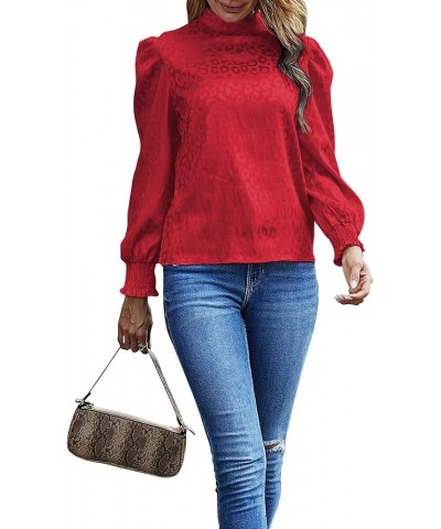 Women's Satin Mock Neck Puff Long Sleeve Keyhole Work Blouse Top Red $16.66 Blouses