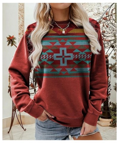 Women's Aztec Pullover Western Ethnic Sweatshirt Casual Crew Neck Oversized Loose Fit Cowgirl Rhombus Print Tops Hoodie Red C...