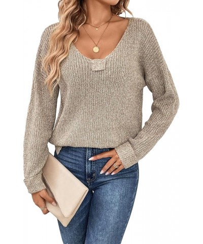 Women's Solid V Neck Drop Shoulder Long Sleeve Ribbed Knit Pullover Sweater Mocha Brown $15.59 Sweaters