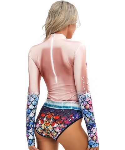 Womens Mermaid Swimsuit Fish Scales Print Long Sleeve Rash Guard Zipper Surfing Bathing Suit Nude&hot Pink $8.59 Swimsuits