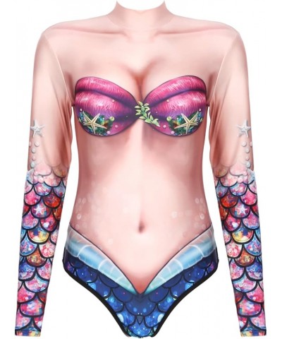 Womens Mermaid Swimsuit Fish Scales Print Long Sleeve Rash Guard Zipper Surfing Bathing Suit Nude&hot Pink $8.59 Swimsuits