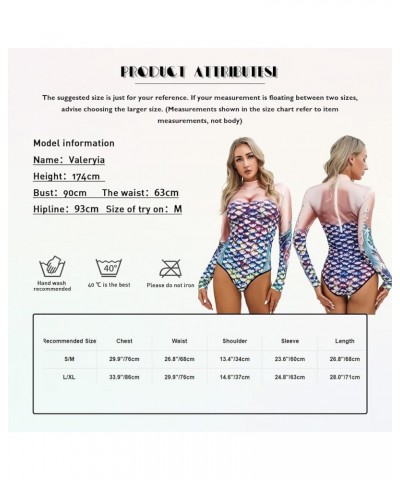 Womens Mermaid Swimsuit Fish Scales Print Long Sleeve Rash Guard Zipper Surfing Bathing Suit Nude&hot Pink $8.59 Swimsuits