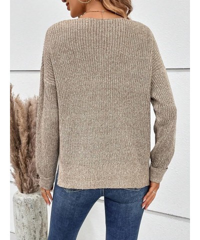 Women's Solid V Neck Drop Shoulder Long Sleeve Ribbed Knit Pullover Sweater Mocha Brown $15.59 Sweaters