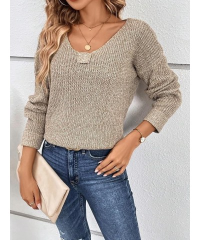 Women's Solid V Neck Drop Shoulder Long Sleeve Ribbed Knit Pullover Sweater Mocha Brown $15.59 Sweaters