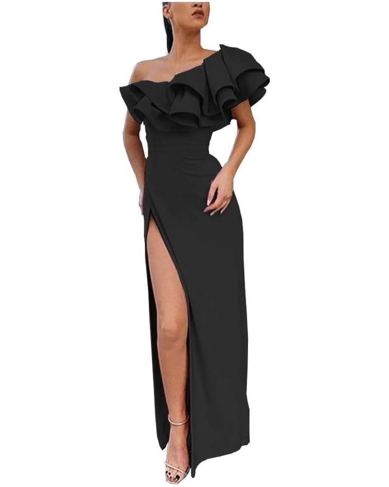 Women's Mermaid One Shoulder Ruffles Long Prom Dress Evening Gown B-black $37.40 Dresses