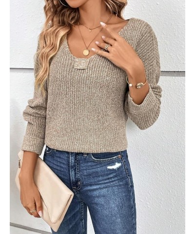 Women's Solid V Neck Drop Shoulder Long Sleeve Ribbed Knit Pullover Sweater Mocha Brown $15.59 Sweaters