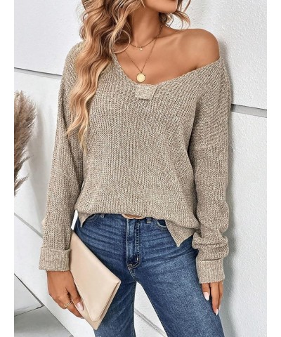 Women's Solid V Neck Drop Shoulder Long Sleeve Ribbed Knit Pullover Sweater Mocha Brown $15.59 Sweaters