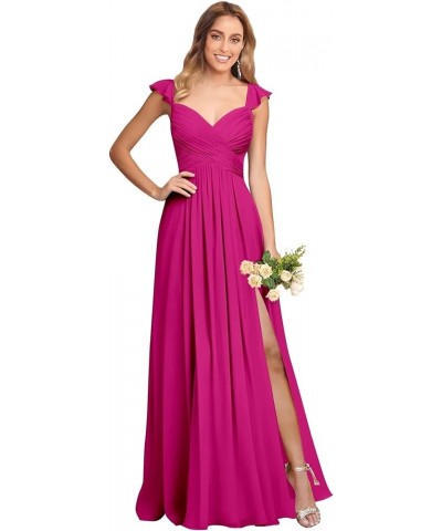 Long Bridesmaid Dresses for Women with Slit Pockets Chiffon Ruffle Formal Party Dress Hot Pink $40.49 Dresses