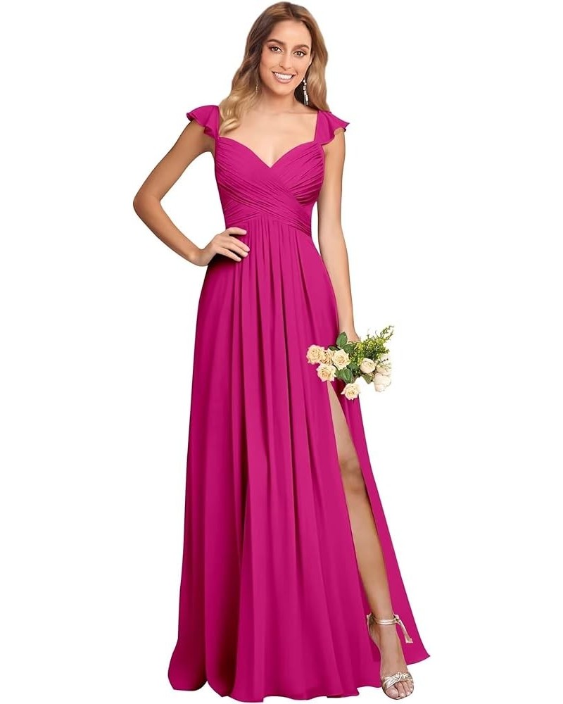 Long Bridesmaid Dresses for Women with Slit Pockets Chiffon Ruffle Formal Party Dress Hot Pink $40.49 Dresses