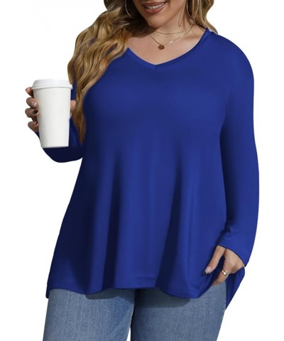 Women Plus Size Tops Fall Long Sleeve Shirts Crew Neck Casual Loose Tunic Blouse 1X-5X V-blue $14.24 Tops