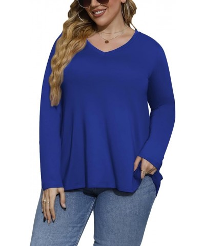 Women Plus Size Tops Fall Long Sleeve Shirts Crew Neck Casual Loose Tunic Blouse 1X-5X V-blue $14.24 Tops