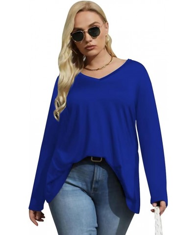 Women Plus Size Tops Fall Long Sleeve Shirts Crew Neck Casual Loose Tunic Blouse 1X-5X V-blue $14.24 Tops