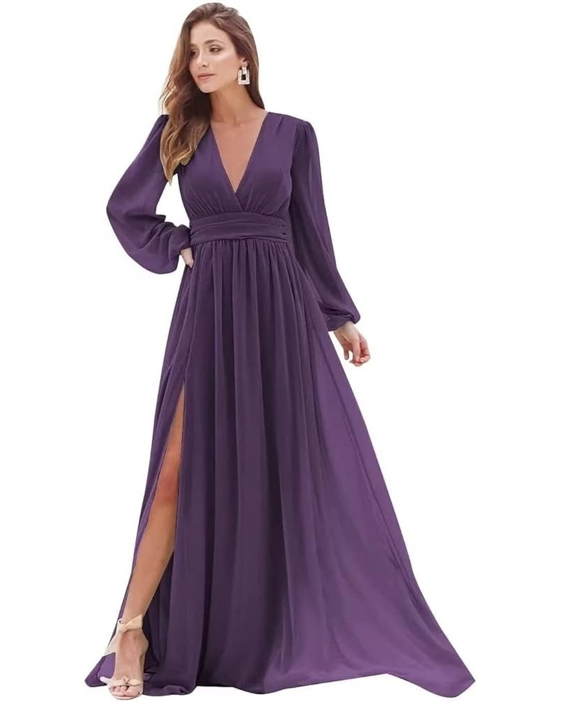 Women's Long Sleeve Bridesmaid Dresses with Slit Long Ruched Formal Evening Party Gown Grape $33.54 Dresses