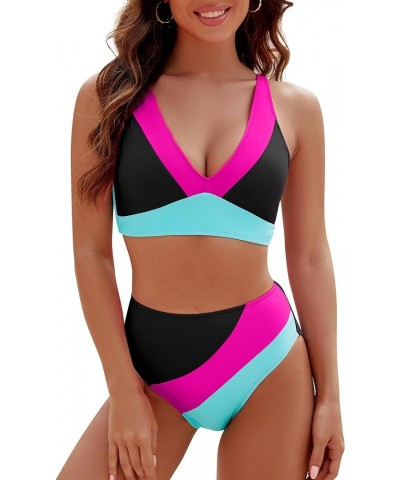 Womens High Waisted Bikini Sets Sporty Two Piece Swimsuits Color Block Full Coverage Bathing Suits Black $22.00 Swimsuits